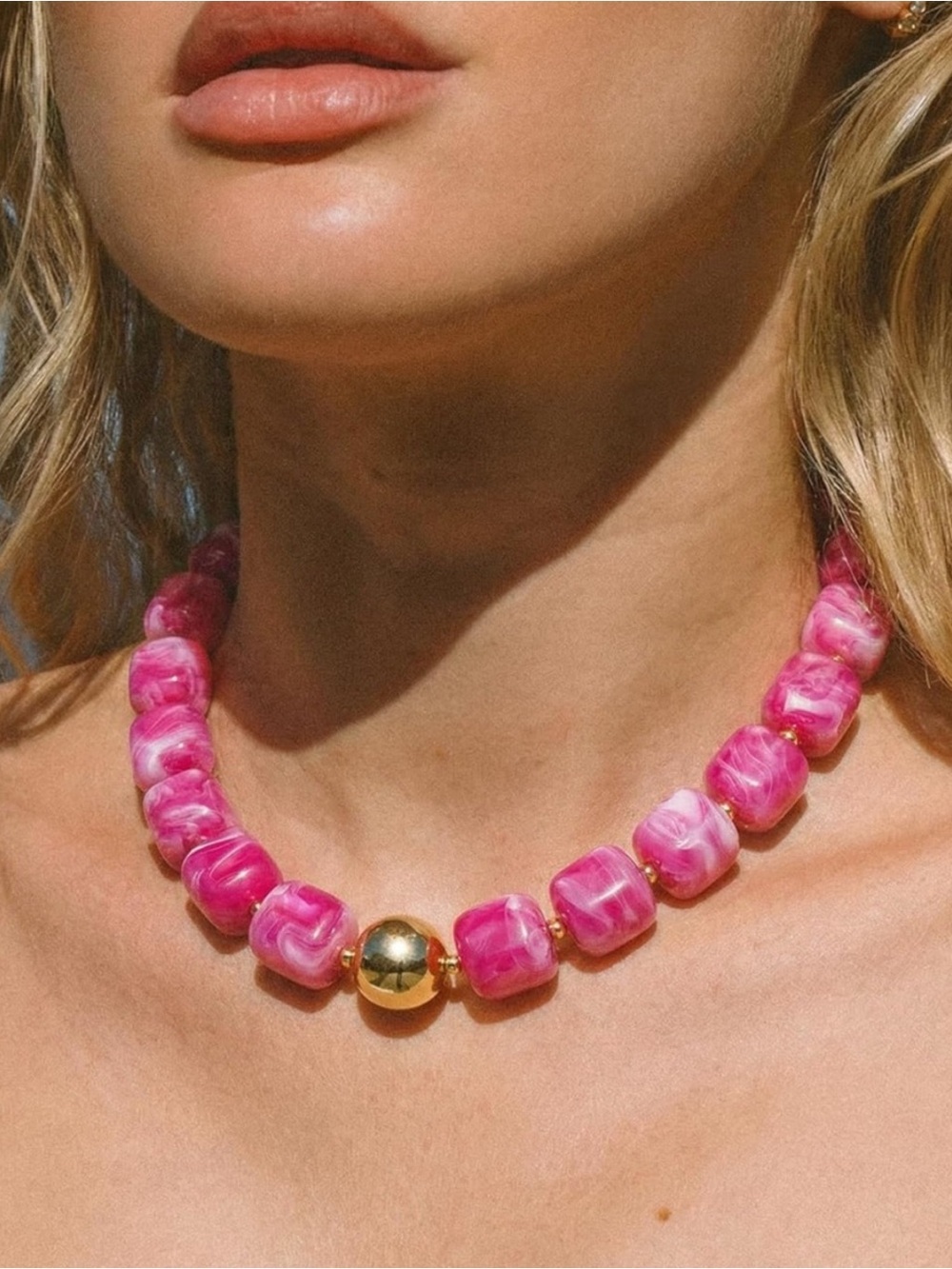 Pink Marbled Beaded Statement Necklace 14k Gold Plated NEW